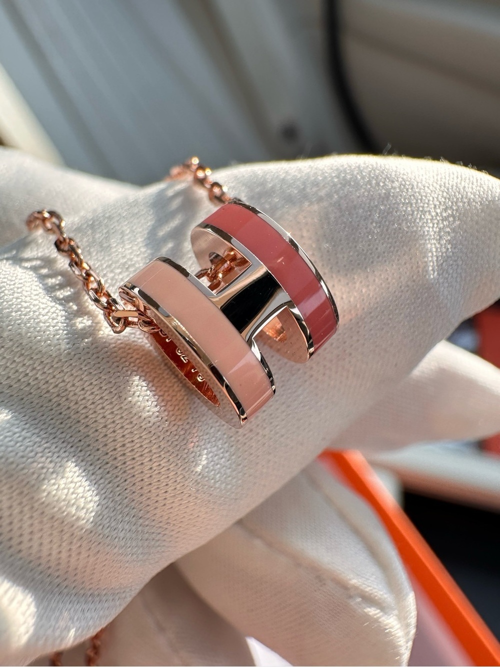 Hermès Rose Gold Double-Layer Necklace with Orange Enamel Charm